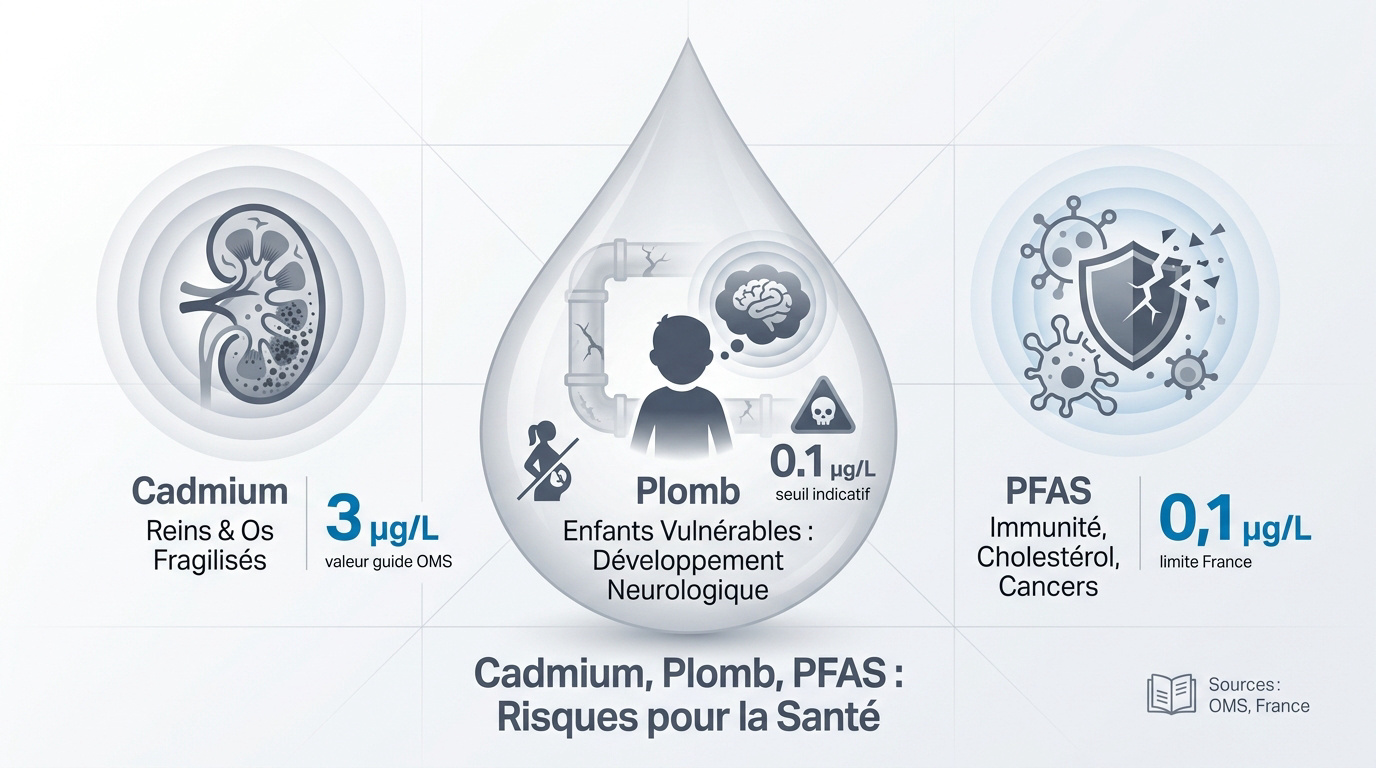 Infographie détaillant les risques sanitaires liés au cadmium, au plomb et aux PFAS dans l'eau potable