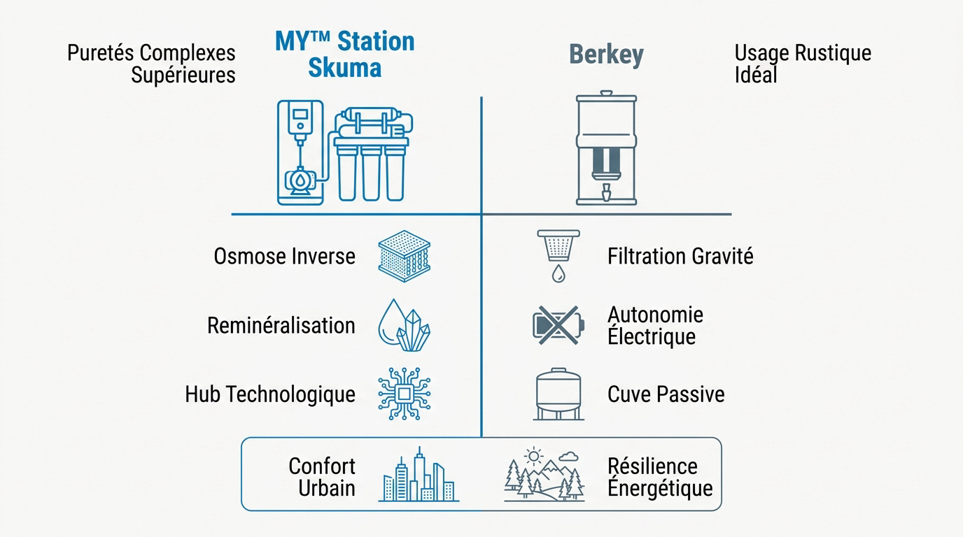Comparatif entre le purificateur d'eau Skuma par osmose inverse et le filtre par gravité Berkey