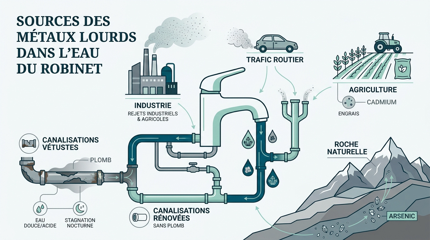 Schéma illustrant les sources de métaux lourds dans l'eau potable via la géologie et les réseaux