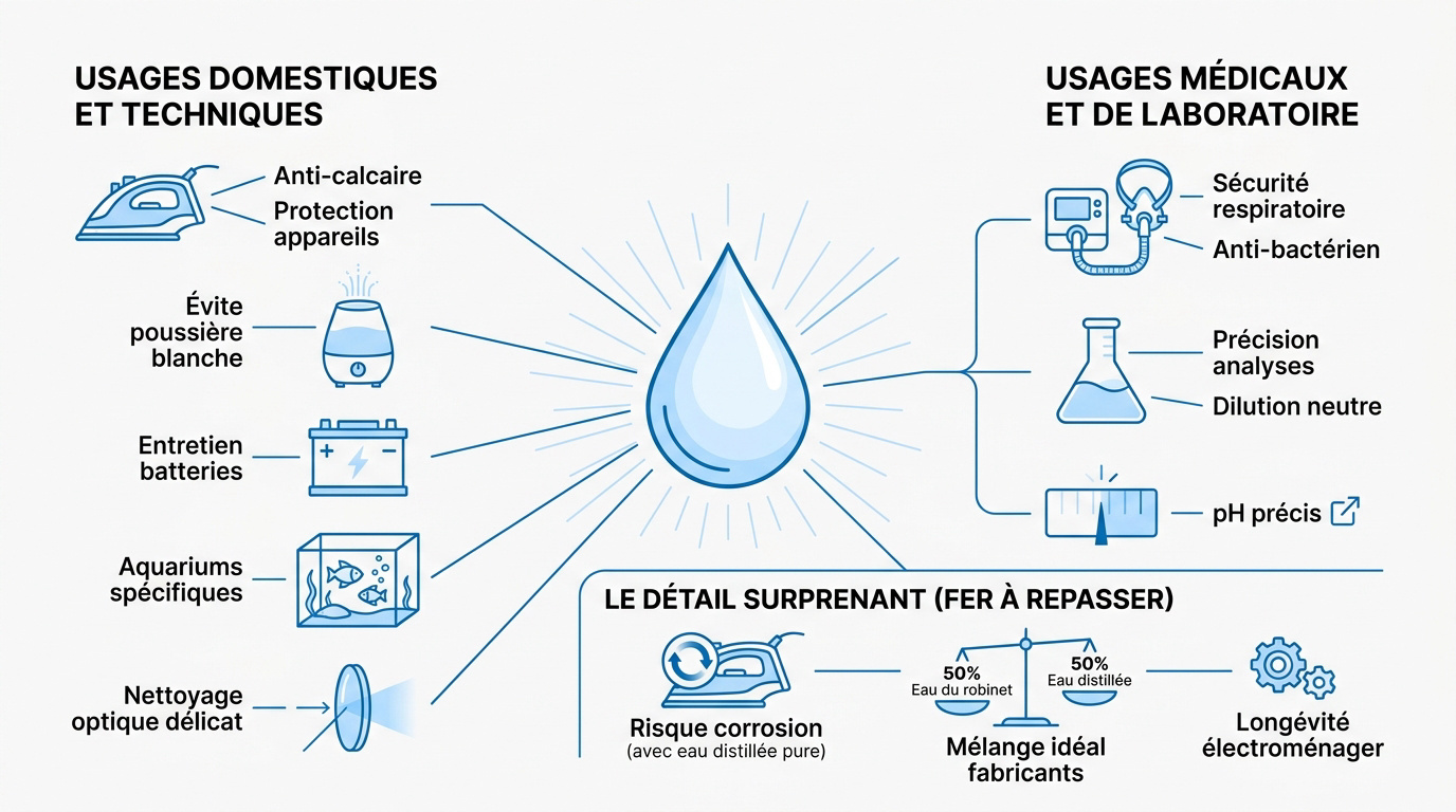 Usages techniques et médicaux de l'eau distillée pour les appareils domestiques et de laboratoire