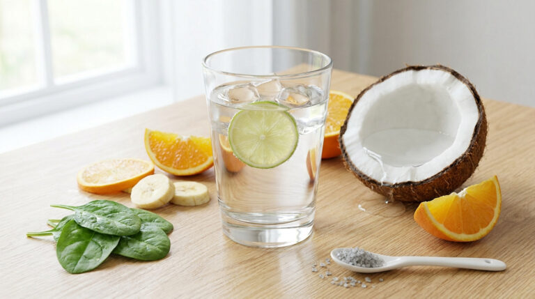 Un verre d'eau avec de la lime, entouré de noix de coco, oranges, bananes, épinards et une cuillère de sel marin.