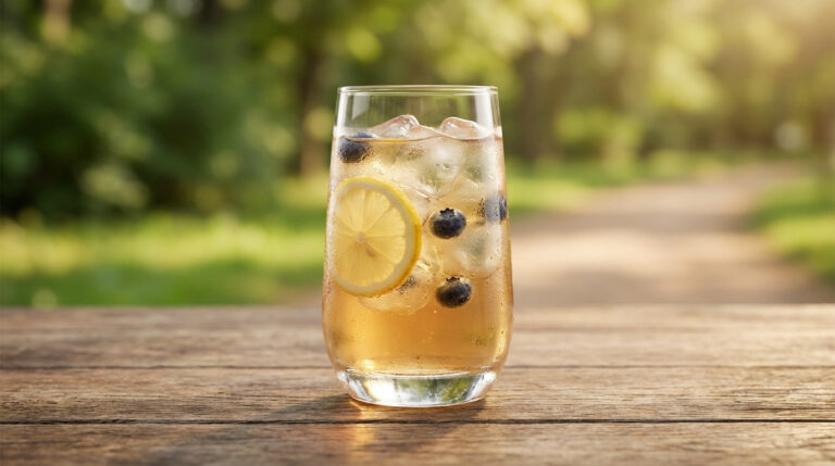 Verre de boisson glacée avec une tranche de citron et des myrtilles sur une table en bois, fond naturel flouté.