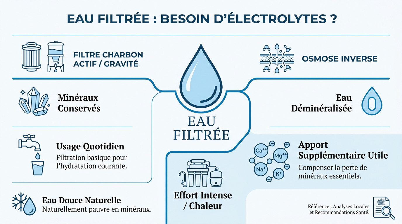 Comparaison entre eau filtrée et apport en électrolytes essentiels
