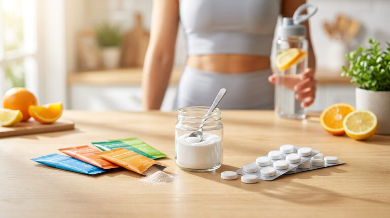Différentes formes d'électrolytes (sachets, poudre, pastilles) sur une table avec une femme en tenue de sport en arrière-plan.