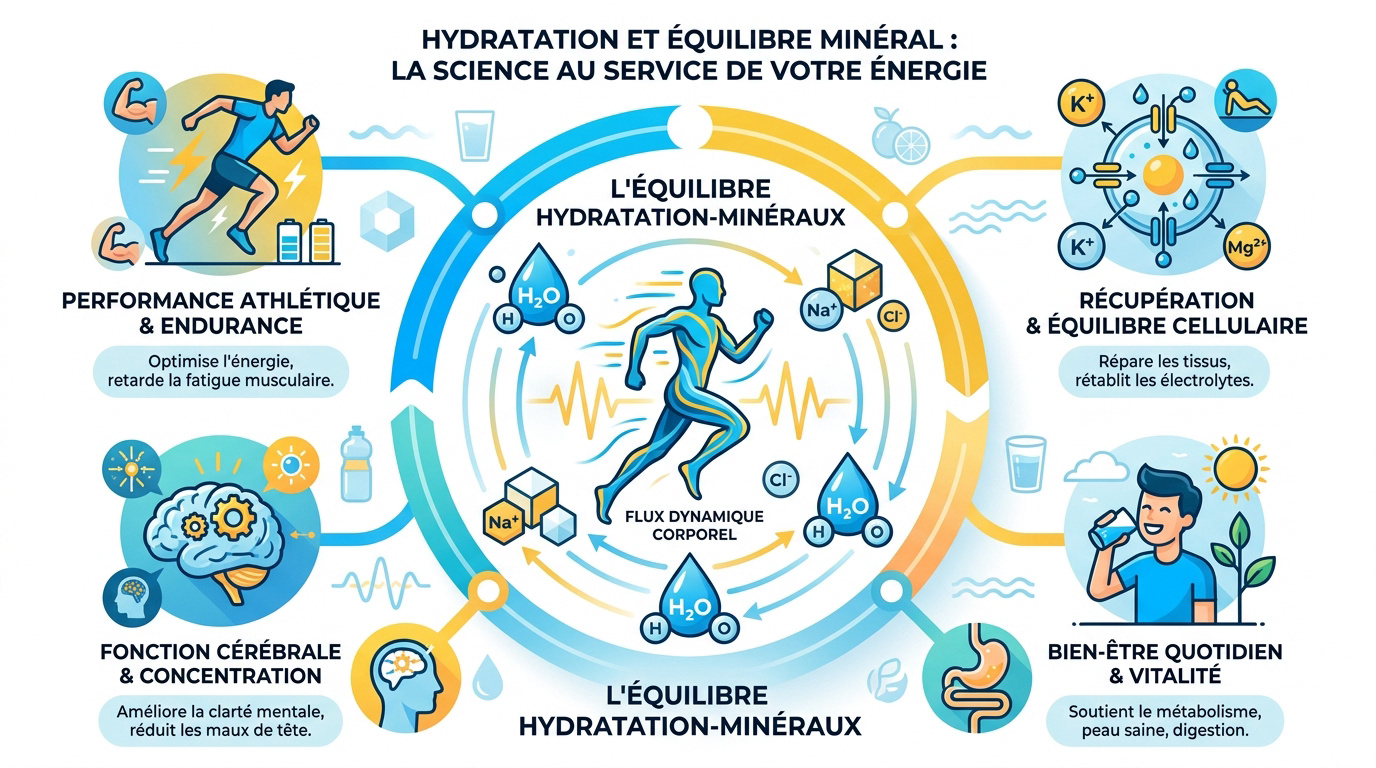 Verre d'eau avec des minéraux illustrant l'équilibre électrolytique pour le sport