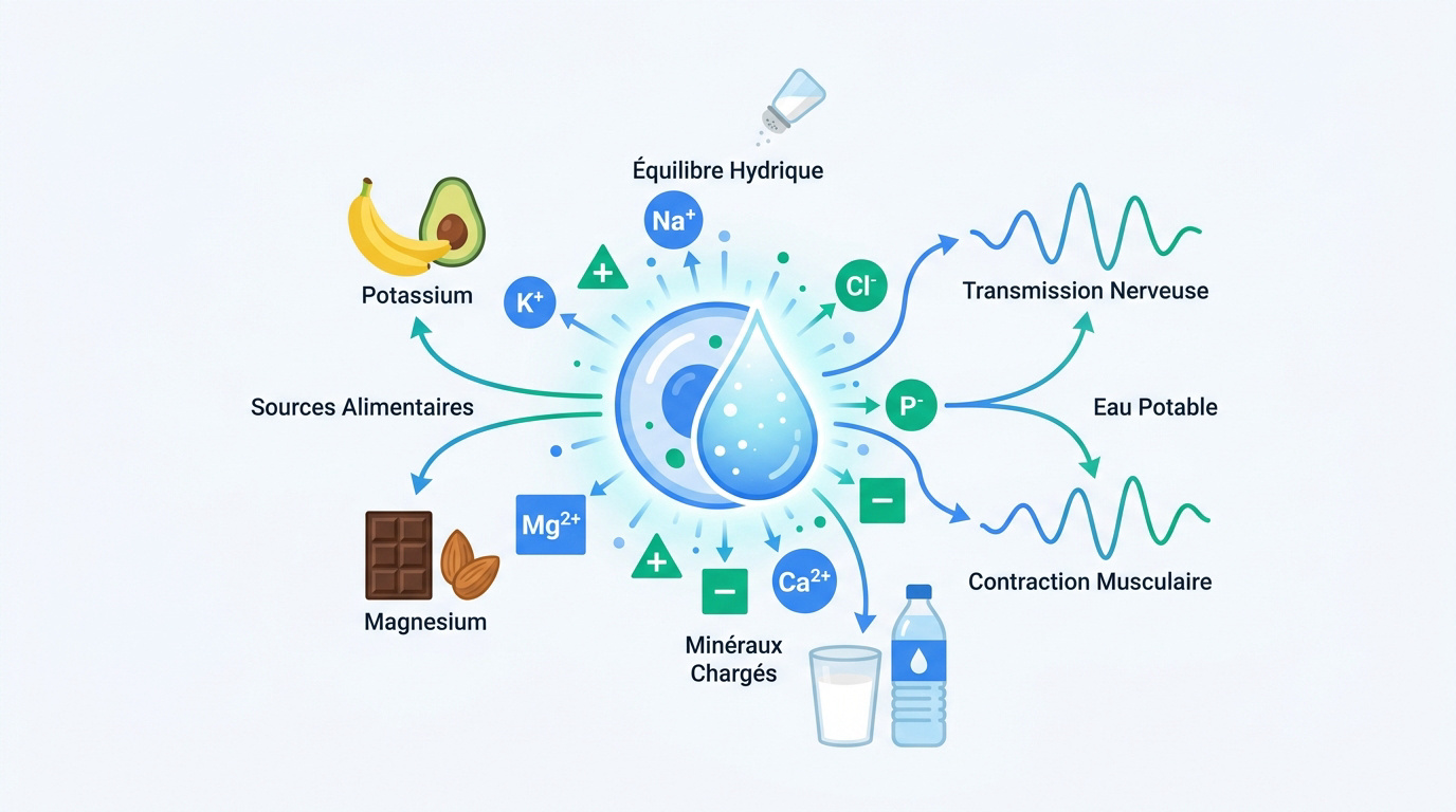 Schéma illustrant l'équilibre et les fonctions des électrolytes dans le corps humain