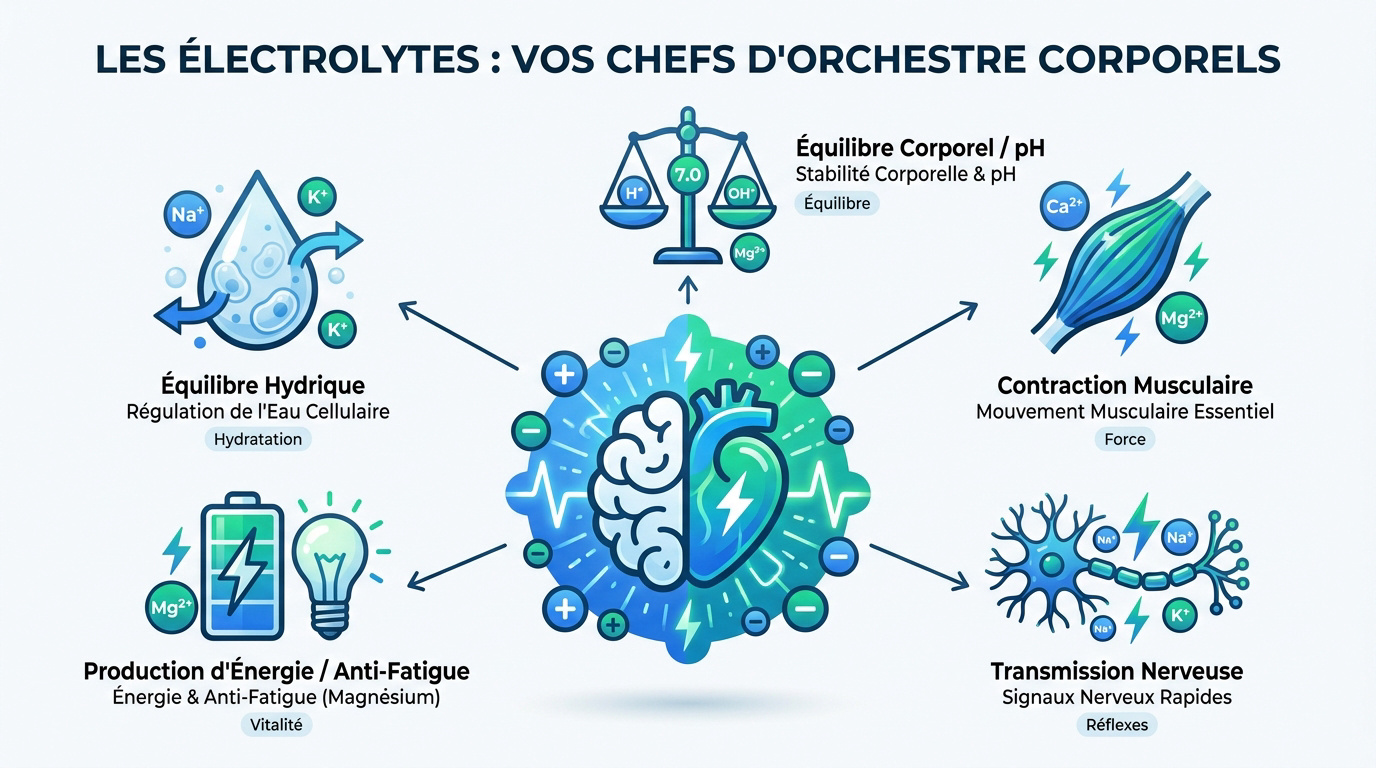 Représentation visuelle des minéraux électrolytes essentiels pour le corps humain
