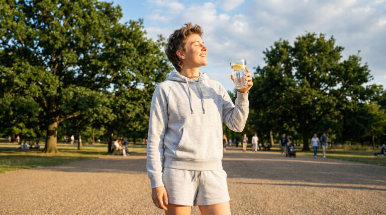 Une personne souriante portant un ensemble gris tient un verre d'eau citronnée dans un parc ensoleillé.