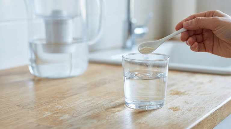 Une main verse une poudre d'électrolytes dans un verre d'eau filtrée sur un plan de travail en bois.